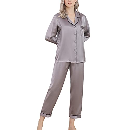 DISSA Damen Grau Einfach 100% Seide Pyjama-Set Oberteil und Capri-Hose Schlafanzug Langarm 19 Momme Seidenpyjama,L,T8002 von DISSA