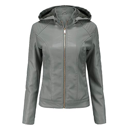 DISSA Damen Grau Kunstleder Freizeitjacke Lederjacke Schlank Reißverschluss mit Kapuze Kurz Mantel,44,P6677 von DISSA