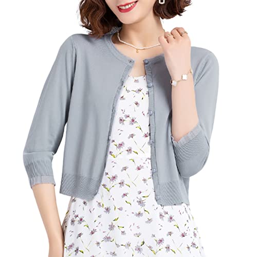 DISSA Damen Grau Leichter Kurz Strickjacke Gestrickte Einfarbige Slim-fit Cardigan 3/4-Arm Rundhals Knöpfen Strickjacke,34,C92027 von DISSA