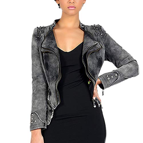 DISSA Damen Grau Nieten Jeansjacker Bikerjacke mit Reißverschluss,PA01,3XL DISSA Damen Grau Nieten Jeansjacker Bikerjacke mit Reißverschluss,PA01,3XL von DISSA