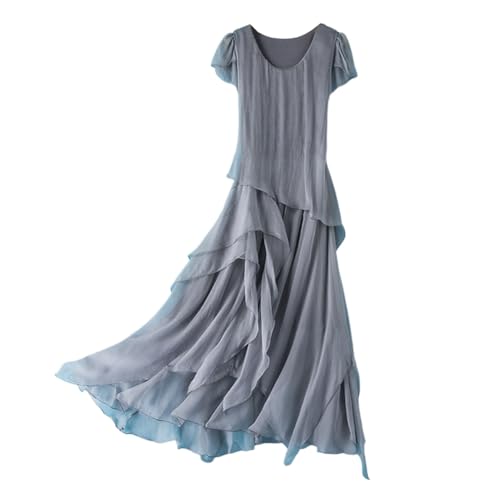 DISSA Damen Grau Seidenkleid Einfarbiges Rundhals Ohne Arm 100% Seide Kleid Luftiges Slim unregelmäßiges Knielanges Mulberry Seidenkleid,EU 40,D6608 von DISSA