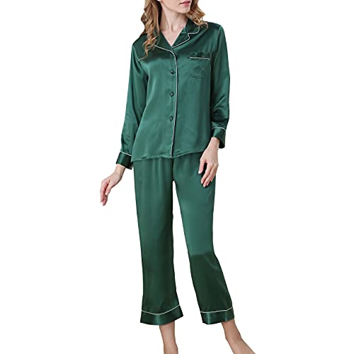 DISSA Damen Grün Einfach 100% Seide Pyjama-Set Oberteil und Capri-Hose Schlafanzug Langarm 19 Momme Seidenpyjama,M,T8002 von DISSA