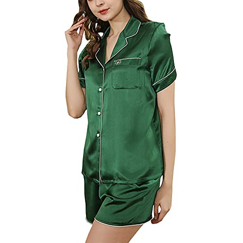 DISSA Damen Grün Einfach 100% Seide Pyjama-Set Oberteil und Shorts Schlafanzüge Kurzarm 19 Momme Seidenpyjama,XXL,D2108C von DISSA