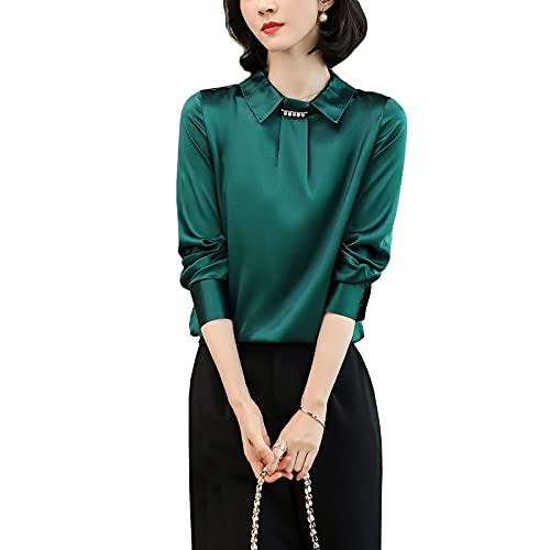 DISSA Damen Grün Hemdbluse Seide Solide Jumper Hemden Damenbluse Langarm Revers Seidenbluse,XL,S6621 von DISSA