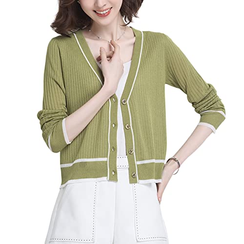 DISSA Damen Grün Leichter Kurz Strickjacke Gestrickte Einfarbige Slim-fit Cardigan Langarm V-Ausschnitt Knöpfen Strickjacke,40,C07 von DISSA