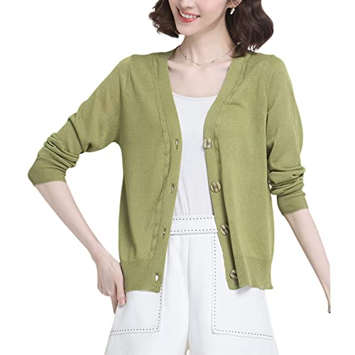 DISSA Damen Grün Leichter Kurz Strickjacke Gestrickte Einfarbige Slim-fit Cardigan Langarm V-Ausschnitt Knöpfen Strickjacke,42,C05 von DISSA