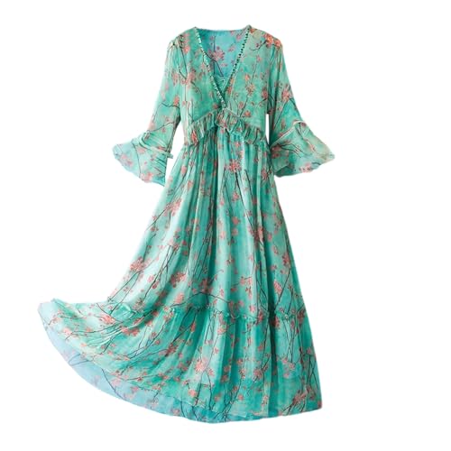 DISSA Damen Grün Seidenkleid Blumen V-Ausschnitt Kurzarm 100% Seide Kleid Luftiges Hoch Taillierte Rüschen Knielanges Mulberry Seidenkleid,EU 46,D2021 von DISSA