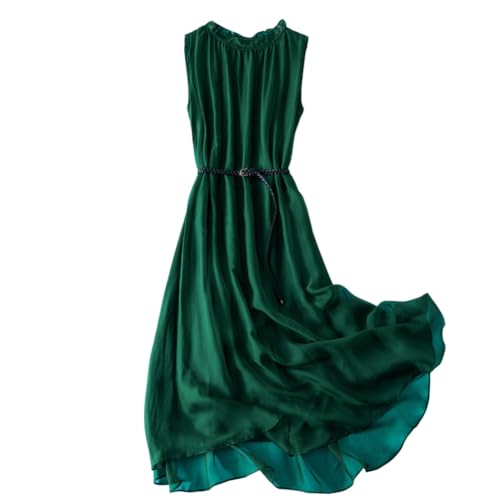 DISSA Damen Grün Seidenkleid Einfarbiges Rundhals Ohne Arm 100% Seide Kleid Luftiges Hoch Taillierte Rüschen Knielanges Mulberry Seidenkleid,EU Einheitsgröße,D98003 von DISSA