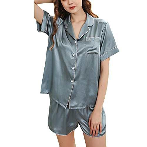 DISSA Damen Hellblau Einfach 100% Seide Pyjama-Set Oberteil und Shorts Schlafanzüge Kurzarm 19 Momme Seidenpyjama,L,D2108C von DISSA