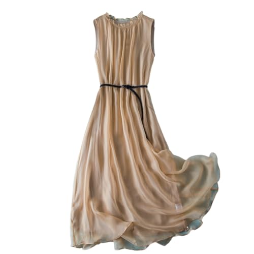 DISSA Damen Hellgelb Seidenkleid Einfarbiges Rundhals Ohne Arm 100% Seide Kleid Luftiges Hoch Taillierte Rüschen Knielanges Mulberry Seidenkleid,EU Einheitsgröße,D98003 von DISSA