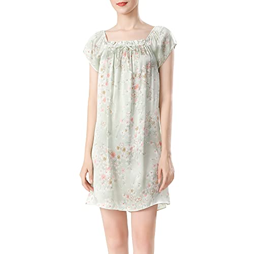 DISSA Damen Hellgrün Blumen 100% Seide Pyjama Kleid Nachtwäsche Nachthemd Nachthemd Kurzarm 19 Momme Seidenpyjama,L,S5688 von DISSA