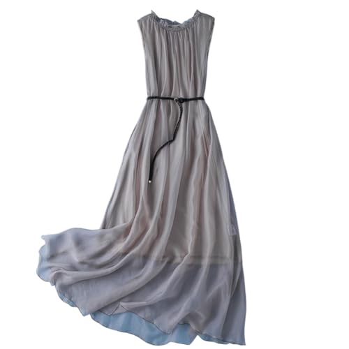 DISSA Damen Hellrosa Seidenkleid Einfarbiges Rundhals Ohne Arm 100% Seide Kleid Luftiges Hoch Taillierte Rüschen Knielanges Mulberry Seidenkleid,EU Einheitsgröße,D98003 von DISSA