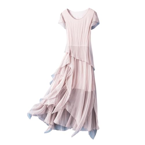 DISSA Damen Hellrosa Seidenkleid Einfarbiges Rundhals Ohne Arm 100% Seide Kleid Luftiges Slim unregelmäßiges Knielanges Mulberry Seidenkleid,EU 40,D6608 von DISSA