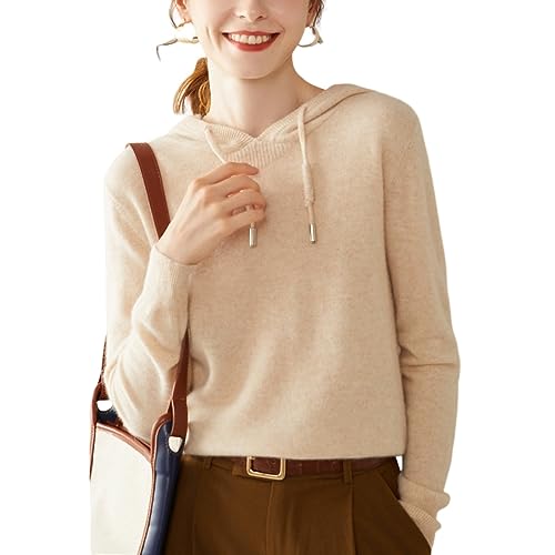DISSA Damen Kaschmir Pullover Beige Kapuzen Langarm Strickpullover Damen Kaschmir Wolle Einfarbige Relaxed Dünner Pullover,38,SH312 von DISSA