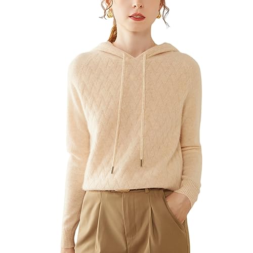 DISSA Damen Kaschmir Pullover Beige Kapuzen Langarm Strickpullover Damen Kaschmir Wolle Karierter Relaxed Dünner Pullover,40,SH315 von DISSA