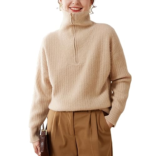 DISSA Damen Kaschmir Pullover Beige Revers Langarm Strickpullover Damen Kaschmir Wolle Einfarbige Relaxed Dicker Pullover,40,SPR2245 von DISSA