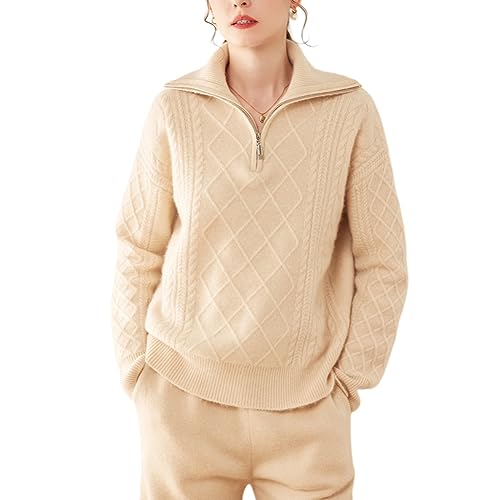 DISSA Damen Kaschmir Pullover Beige Revers Langarm Strickpullover Damen Kaschmir Wolle Karierter Relaxed Dicker Pullover,44,RMS3318 DISSA Damen Kaschmir Pullover Beige Revers Langarm Strickpullover Damen Kaschmir Wolle Karierter Relaxed Dicker Pullover,44,RMS3318 von DISSA