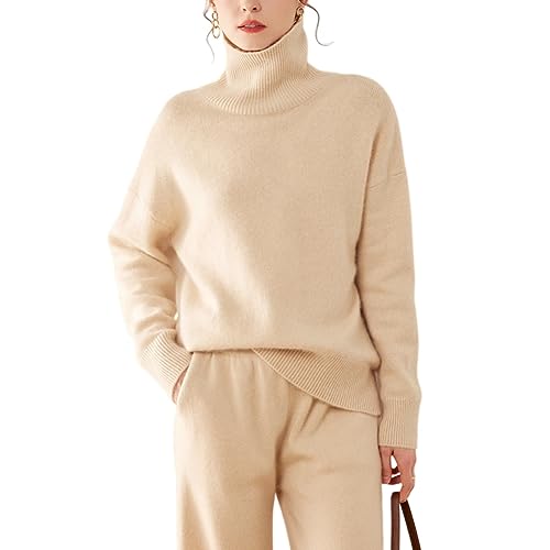 DISSA Damen Kaschmir Pullover Beige Rollkragen Langarm Strickpullover Damen Kaschmir Wolle Einfarbige Relaxed Dicker Pullover,40,RMS3330 von DISSA