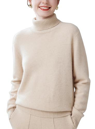 DISSA Damen Kaschmir Pullover Beige Rollkragen Langarm Strickpullover Damen Kaschmir Wolle Einfarbige Relaxed Dicker Pullover,40,ZSBR8334 von DISSA
