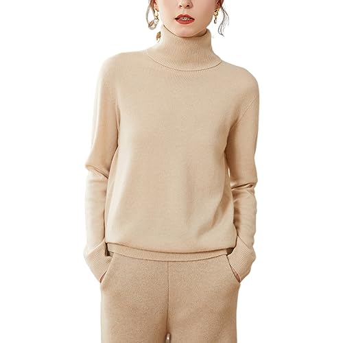 DISSA Damen Kaschmir Pullover Beige Rollkragen Langarm Strickpullover Damen Kaschmir Wolle Einfarbige Relaxed Dünner Pullover,38,YZL503 von DISSA