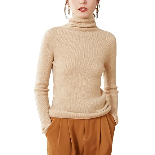 DISSA Damen Kaschmir Pullover Beige Rollkragen Langarm Strickpullover Damen Kaschmir Wolle Einfarbige Schlanker Dünner Pullover,34,SPR2263 von DISSA