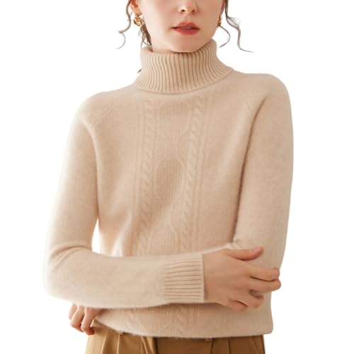 DISSA Damen Kaschmir Pullover Beige Rollkragen Langarm Strickpullover Damen Kaschmir Wolle Zopfmuster Relaxed Dicker Pullover,EU 34,SH530 von DISSA