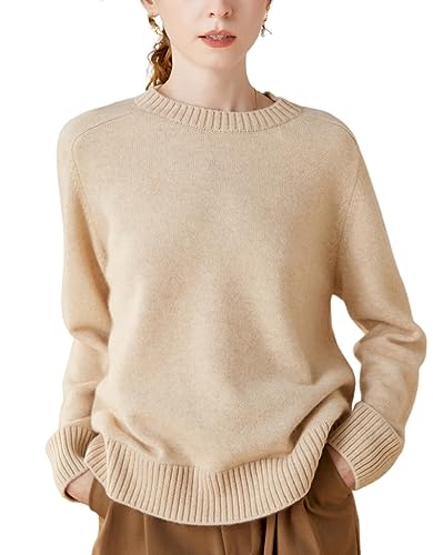 DISSA Damen Kaschmir Pullover Beige Rundhals Langarm Strickpullover Damen Kaschmir Wolle Einfarbige Relaxed Dicker Pullover,40,ZSBR8301 von DISSA