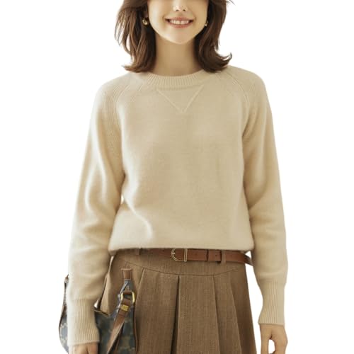 DISSA Damen Kaschmir Pullover Beige Rundhals Langarm Strickpullover Damen Kaschmir Wolle Einfarbige Relaxed Dicker Pullover,EU 44,RMS33132 von DISSA