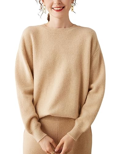 DISSA Damen Kaschmir Pullover Beige Rundhals Langarm Strickpullover Damen Kaschmir Wolle Einfarbige Relaxed Dicker Pullover,Einheitsgröße,DF8084 von DISSA