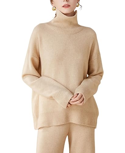 DISSA Damen Kaschmir Pullover Beige Stehkragen Langarm Strickpullover Damen Kaschmir Wolle Einfarbige Relaxed Dicker Pullover,Einheitsgröße,ZSBR8306 von DISSA