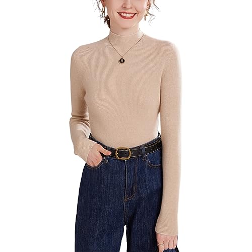 DISSA Damen Kaschmir Pullover Beige Stehkragen Langarm Strickpullover Damen Kaschmir Wolle Einfarbige Relaxed Dünner Pullover,38,YZL2301 von DISSA