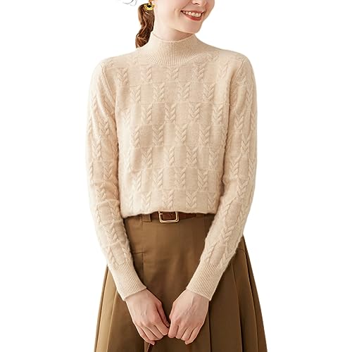 DISSA Damen Kaschmir Pullover Beige Stehkragen Langarm Strickpullover Damen Kaschmir Wolle Zopfmuster Relaxed Dicker Pullover,42,SH369 von DISSA