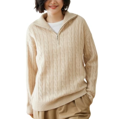 DISSA Damen Kaschmir Pullover Beige Stehkragen Langarm Strickpullover Damen Kaschmir Wolle Zopfmuster Relaxed Dicker Pullover,EU 40,YD2471 von DISSA
