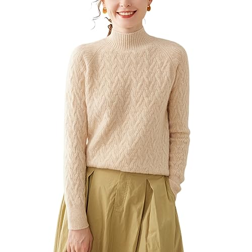 DISSA Damen Kaschmir Pullover Beige Stehkragen Langarm Strickpullover Damen Kaschmir Wolle Zopfmuster Schlanker Dicker Pullover,36,SH379 von DISSA