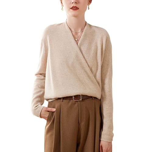 DISSA Damen Kaschmir Pullover Beige V-Ausschnitt Langarm Strickpullover Damen Kaschmir Wolle Einfarbige Relaxed Dünner Pullover,42,SPR2357 von DISSA