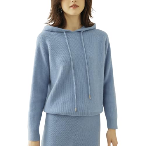 DISSA Damen Kaschmir Pullover Blau Kapuzen Langarm Strickpullover Damen Kaschmir Wolle Einfarbige Relaxed Dicker Pullover,EU 44,RMS33156 von DISSA