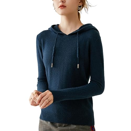 DISSA Damen Kaschmir Pullover Blau Kapuzen Langarm Strickpullover Damen Kaschmir Wolle Einfarbige Relaxed Dünner Pullover,38,SH312 von DISSA