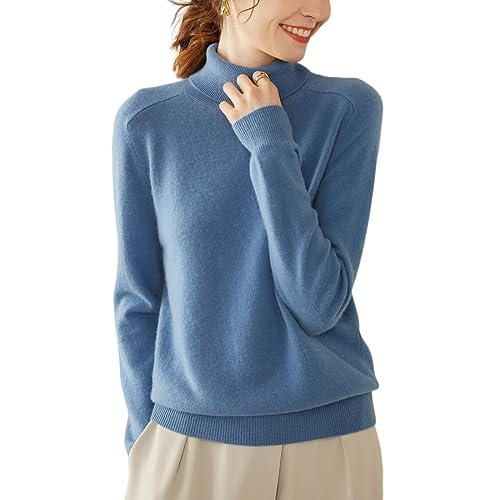 DISSA Damen Kaschmir Pullover Blau Rollkragen Langarm Strickpullover Damen Kaschmir Wolle Einfarbige Schlanker Dünner Pullover,42,SH1002 von DISSA