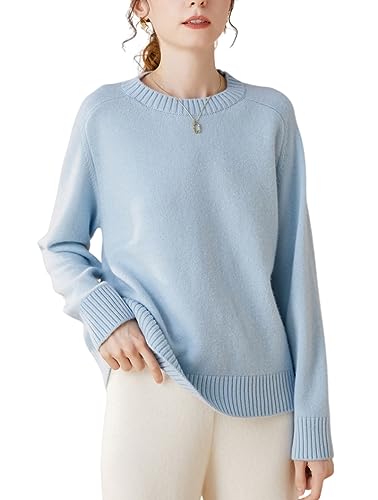 DISSA Damen Kaschmir Pullover Blau Rundhals Langarm Strickpullover Damen Kaschmir Wolle Einfarbige Relaxed Dicker Pullover,40,ZSBR8301 von DISSA