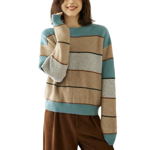 DISSA Damen Kaschmir Pullover Blau Rundhals Langarm Strickpullover Damen Kaschmir Wolle Gestreifter Relaxed Dicker Pullover,EU 42,RMS3396 von DISSA