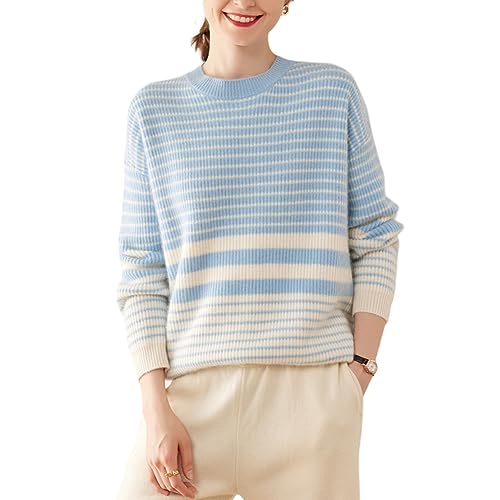 DISSA Damen Kaschmir Pullover Blau Rundhals Langarm Strickpullover Damen Kaschmir Wolle Gestreifter Relaxed Dünner Pullover,42,RMS3329 von DISSA