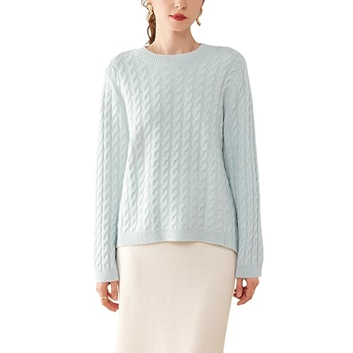 DISSA Damen Kaschmir Pullover Blau Rundhals Langarm Strickpullover Damen Kaschmir Wolle Zopfmuster Relaxed Dicker Pullover,42,RMS3316 von DISSA