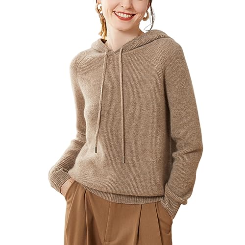 DISSA Damen Kaschmir Pullover Braun Kapuzen Langarm Strickpullover Damen Kaschmir Wolle Einfarbige Relaxed Dicker Pullover,40,SPR1210 von DISSA