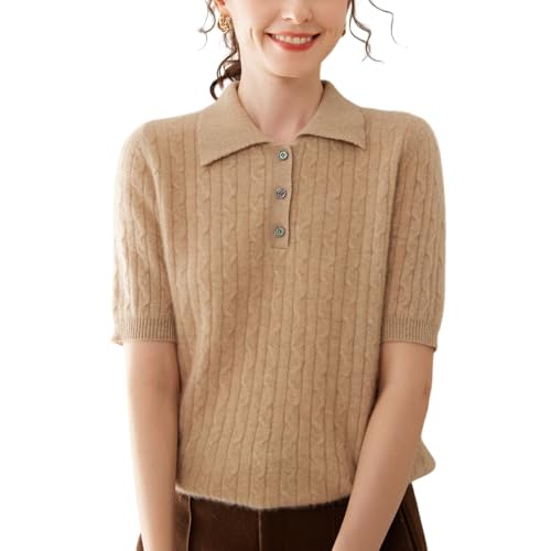 DISSA Damen Kaschmir Pullover Braun Revers Kurzarm Strickpullover Damen Kaschmir Wolle Zopfmuster Relaxed Dünner Pullover,EU 40,SH502 von DISSA