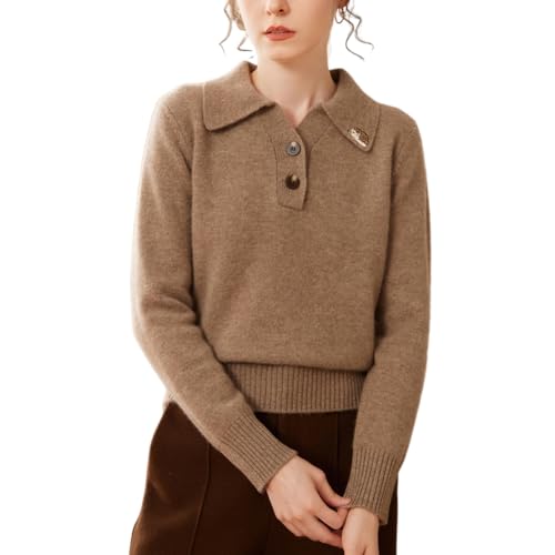 DISSA Damen Kaschmir Pullover Braun Revers Langarm Strickpullover Damen Kaschmir Wolle Knöpfen Relaxed Dicker Pullover,EU 40,SPR2408 von DISSA