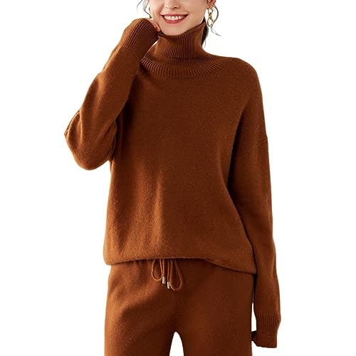 DISSA Damen Kaschmir Pullover Braun Rollkragen Langarm Strickpullover Damen Kaschmir Wolle Einfarbige Relaxed Dicker Pullover,40,RMS3330 von DISSA