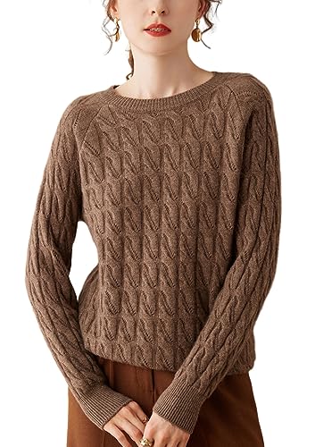 DISSA Damen Kaschmir Pullover Braun Rundhals Langarm Strickpullover Damen Kaschmir Wolle Ausschnitten Relaxed Dicker Pullover,40,DF8039 von DISSA