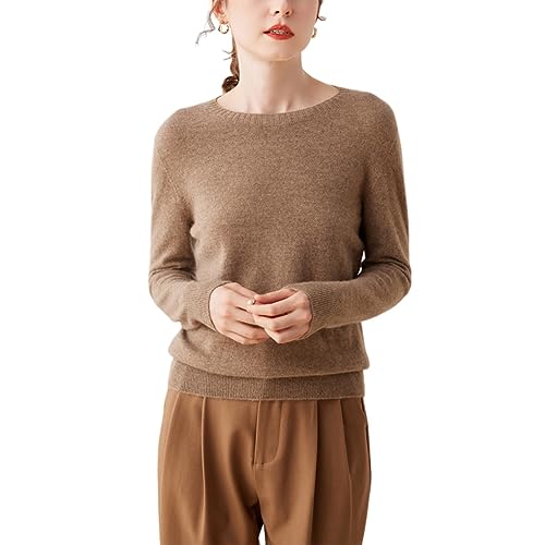 DISSA Damen Kaschmir Pullover Braun Rundhals Langarm Strickpullover Damen Kaschmir Wolle Einfarbige Relaxed Dünner Pullover,36,YZL2302 von DISSA