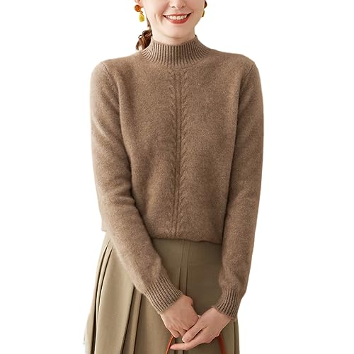 DISSA Damen Kaschmir Pullover Braun Stehkragen Langarm Strickpullover Damen Kaschmir Wolle Einfarbige Relaxed Dicker Pullover,42,SH371 von DISSA