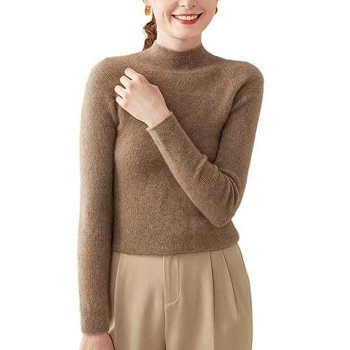 DISSA Damen Kaschmir Pullover Braun Stehkragen Langarm Strickpullover Damen Kaschmir Wolle Einfarbige Schlanker Dünner Pullover,38,SH313 von DISSA